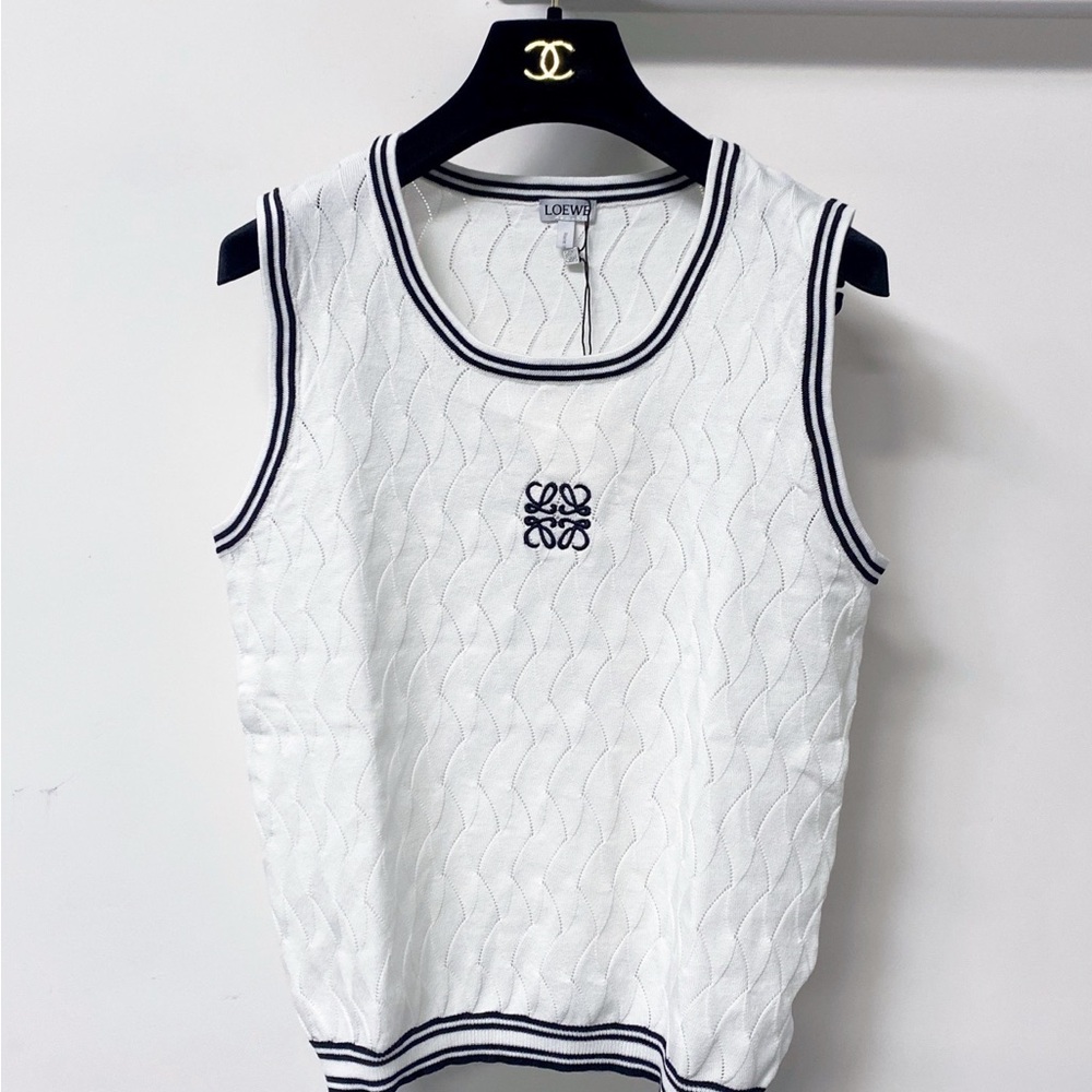 Loewe White Sleeveless Knit Tank with Navy Trim and Anagram Logo